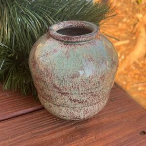 Artisan Signed Ceramic Raku Glazed Vase-Turquoise, Eggplant, Cream & Black